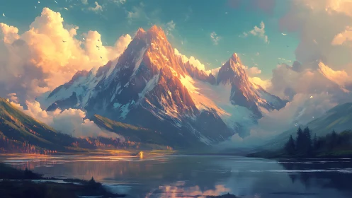 Mountain lake landscape with clouds and reflected peaks.