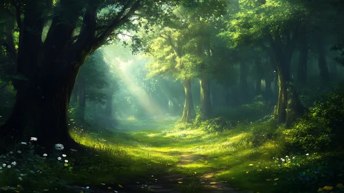 Luminous Forest Passage: Enchanted Woodland Cathedral with Radiant Canopy Light.