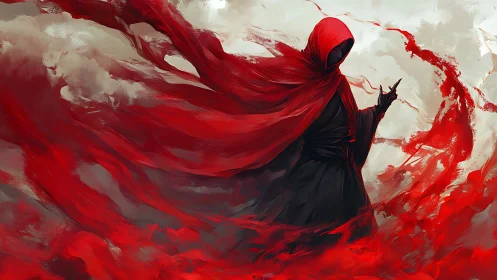 Hooded dark figure manipulating crimson energy in swirling storm