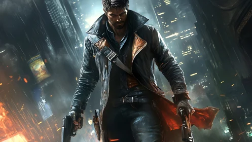 Armed vigilante stalks neon city under burning rain.