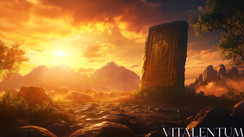 Ancient monolith under blazing fantasy sunset sky.