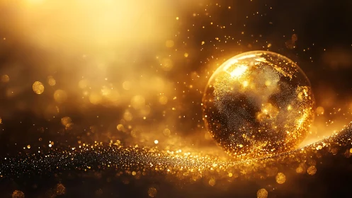Golden luminous sphere amid suspended glitter particles.
