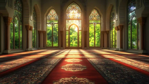 Ray-traced sunlit mosque interior with patterned prayer carpets.