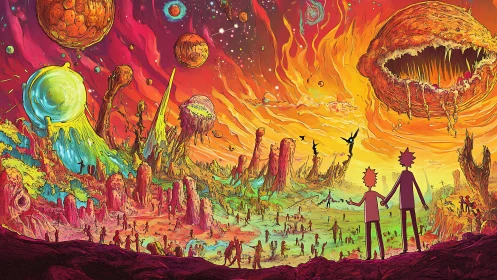 Colorful alien wasteland with two silhouetted travelers.