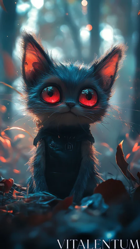 Enchanted big-eyed cat stands in glowing forest twilight.