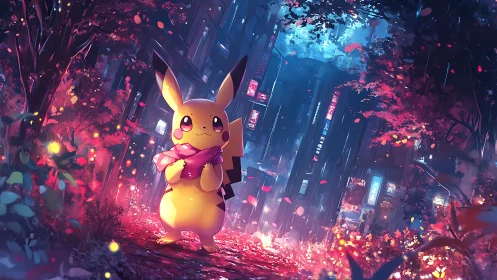 Pikachu in neon-lit urban forest rendered as cinematic anime