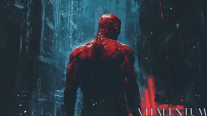 Digital painting of lone vigilante in neon-soaked alleyway nocturne.