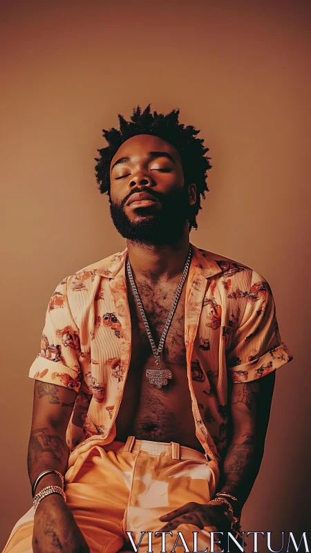 Portrait of seated man in orange outfit against uniform backdrop