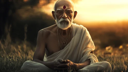 Elderly sage in sunset field with serene meditative gaze.