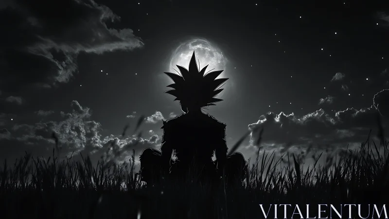 Monochrome anime silhouette under backlit lunar skyline.