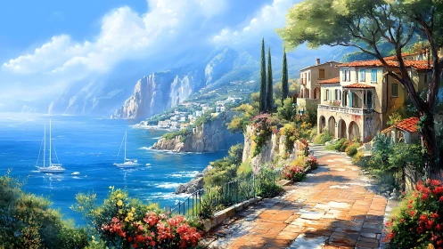 Sunlit Mediterranean cliffside villas overlook a luminous azure bay