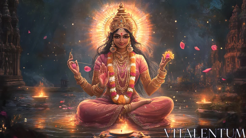 Radiant Hindu goddess seated in lotus amid glowing temple waters