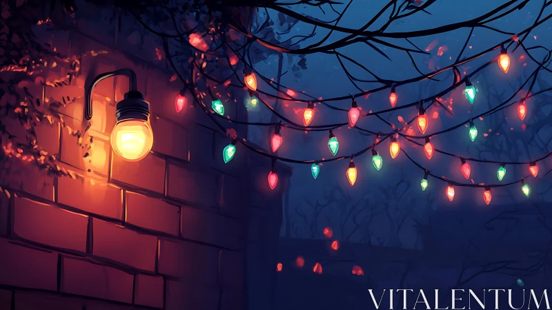 Wall-mounted lamp and string lights on tree branches at night.