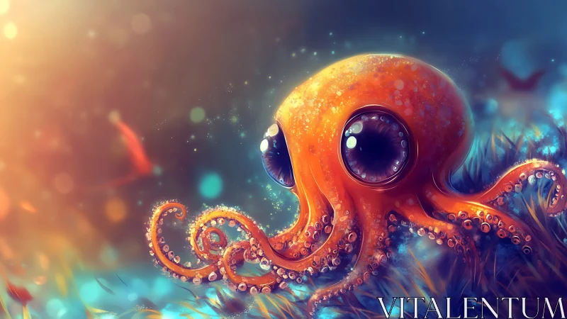 Orange stylized octopus in luminous underwater habitat.
