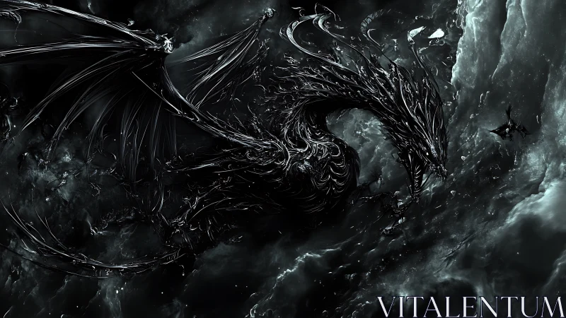 Dark metallic dragon soaring through stormy swirling void