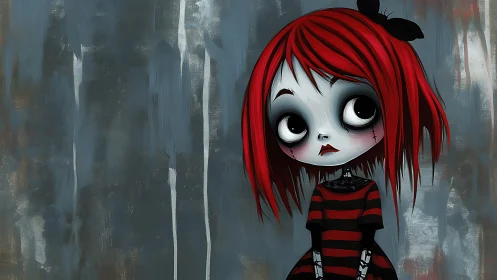 Red haired doll-like girl against textured gray wall background.