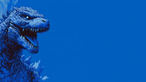 Blue monochrome profile of roaring reptilian kaiju head.