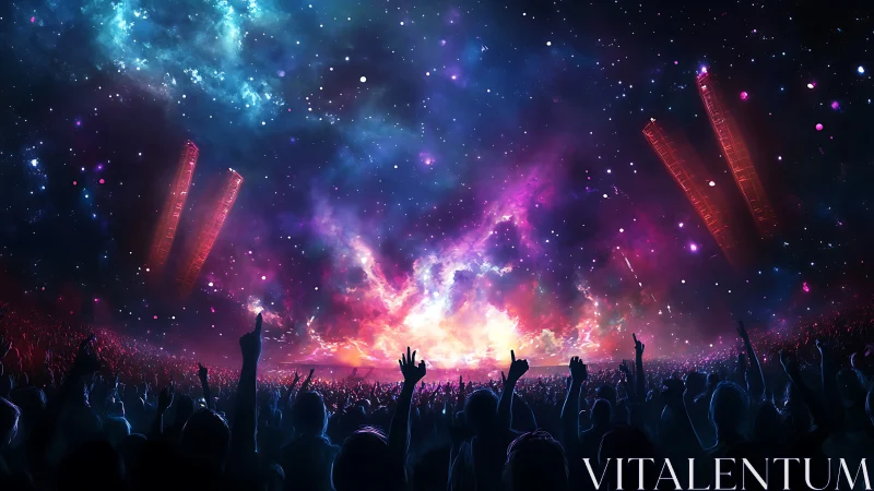 Crowd silhouettes face bright concert stage under cosmic sky