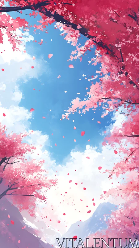 Cherry blossoms swirl under a luminous mountain sky