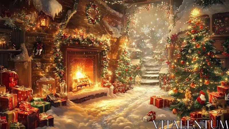 Snow-dusted hearth haven wrapped in golden Christmas glow.