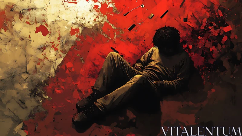 Solitary figure lies in crimson chaos, evoking raw despair
