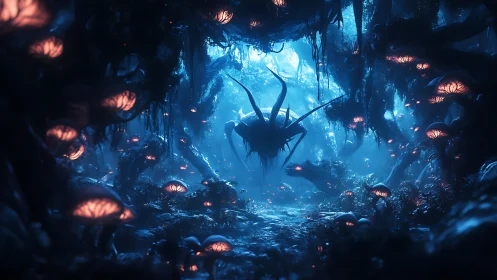 Glowing fungal forest and curious floating creature at dusk.