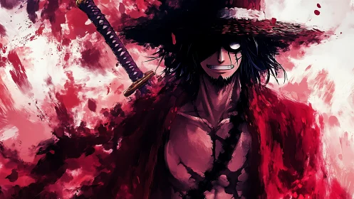 Sword-bearing anime figure in red cloak with dark hat profile.