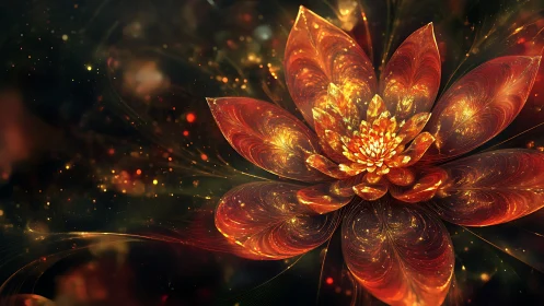 Radiant fractal blossom glows with fiery cosmic light.