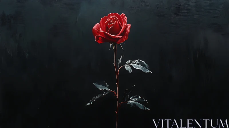 Single red rose stands isolated against dark background