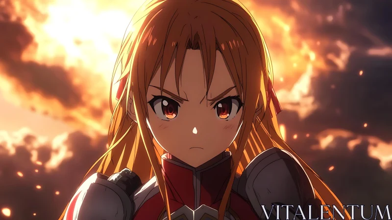 Fiery sunset warrior portrait with intense anime resolve.