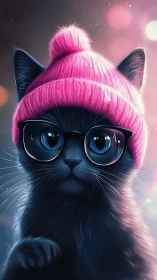 Cool Cat in Pink Beanie - Stylish Digital Portrait