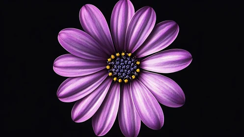 Purple Daisy Macro Composition Against Black Background.