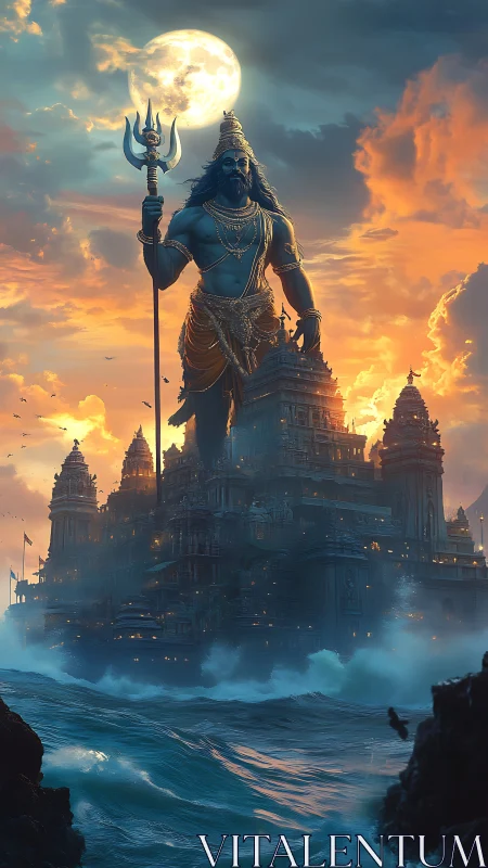 Colossal trident warrior guarding mythic ocean temple city.