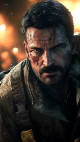 Weathered soldier in firelit battle glow, eyes unbroken.