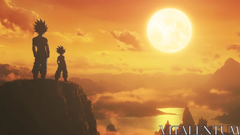 Silhouetted warriors overlook molten-gold sunset vista.