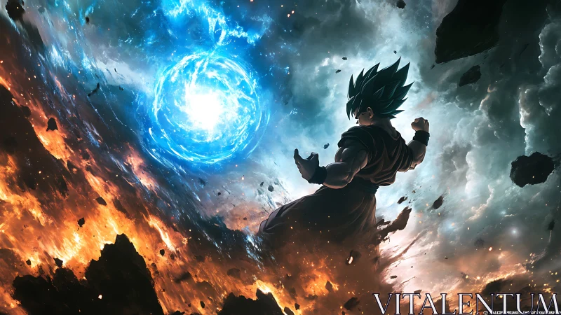 Silhouetted warrior facing large blue energy sphere in space.