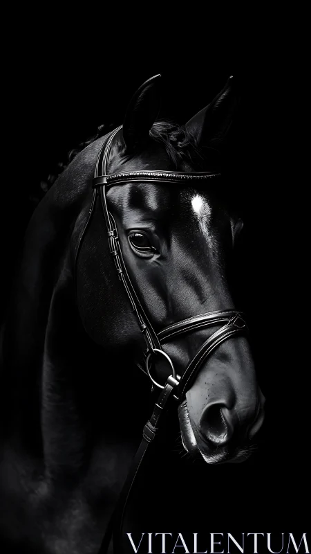 Side profile of bridled dark horse on black background.