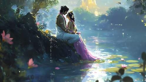 Romantic Couple by Luminescent Lotus Pond in Fantasy Landscape