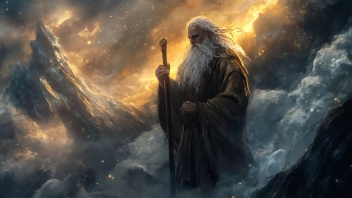 Elder mage with staff stands amid volumetric clouds and glowing peaks