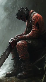 Solitary chainsaw wielder rests in rain-soaked cinematic chiaroscuro