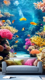 Colorful coral reef wall mural behind modern living room sofa.