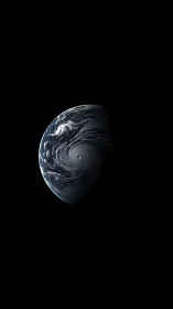 Photorealistic Earth view with massive spiral storm system.