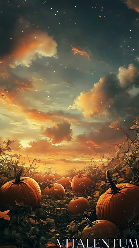 Autumn pumpkin field glows beneath a dramatic sunset sky.