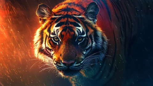 Ember-eyed tiger walks through stormlit fire and shadow.