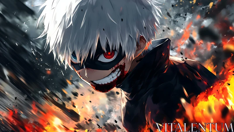 Masked white‑haired antihero emerges through directional flames and ash