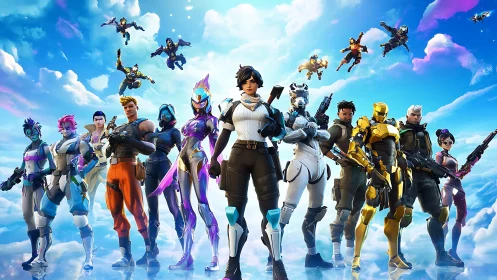 Colorful squad of futuristic Fortnite heroes in formation.