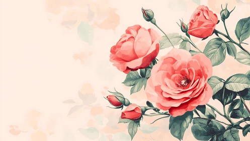 Coral Roses with Buds and Foliage.