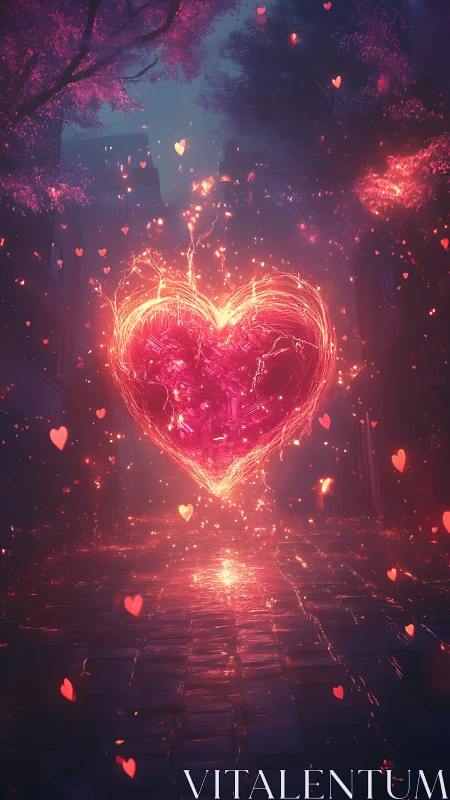 Radiant Glowing Heart in Neon Urban Landscape