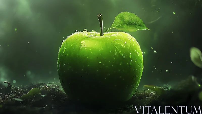 Green apple stands like a moonlit jewel in misty forest air