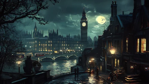 Moonlit neo-Victorian London riverside with glowing lamps.